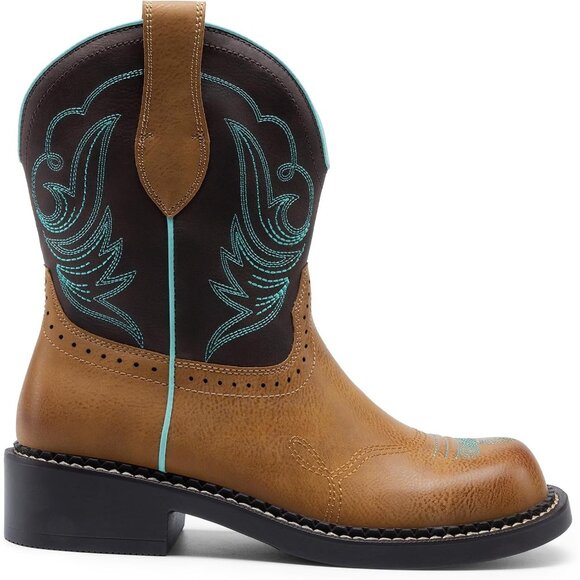 Women's Cowgirl Round Toe Embroidered Mid Calf Western Boot Concert Tan Brown - Picture 3 of 7